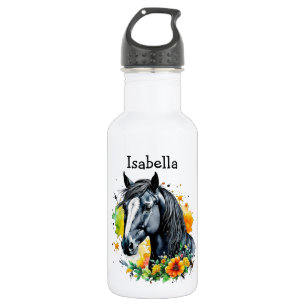 Botella De Agua Caballo negro rodeado de flores personalizadas