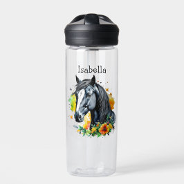 Botella De Agua Caballo negro rodeado de flores personalizadas