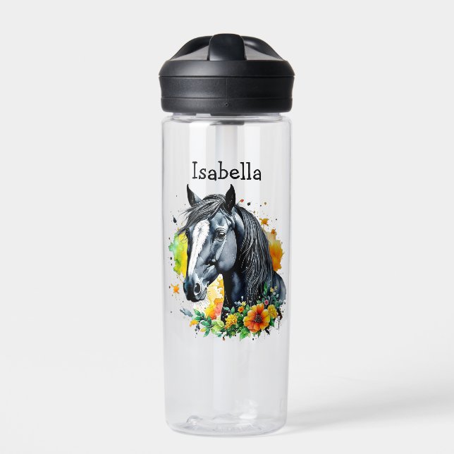 Botella De Agua Caballo negro rodeado de flores personalizadas (Delante)