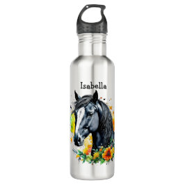 Botella De Agua Caballo negro rodeado de flores personalizadas