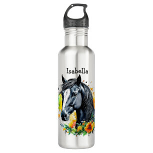 Botella De Agua Caballo negro rodeado de flores personalizadas