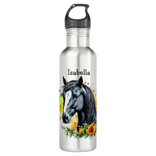 Botella De Agua Caballo negro rodeado de flores personalizadas (Anverso)