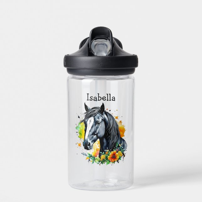 Botella De Agua Caballo Negro Rodeado de Flores Personalizado  (Delante)