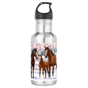 Botella De Agua Caballos Appaloosa De La Bahía Marrón En Nieve