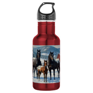 Botella De Agua Caballos Appaloosa Negros en una Granja en Inviern