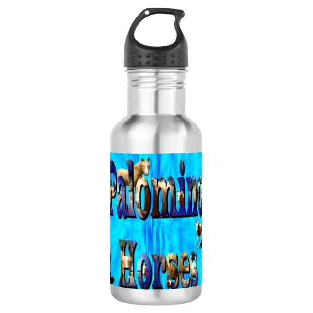 Botella De Agua Caballos Palomino Sobre Azul, (Anverso)
