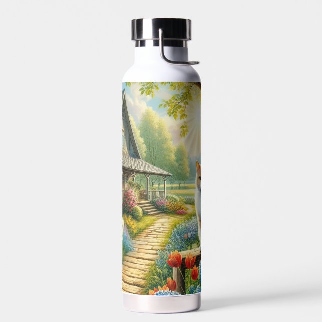 Botella De Agua Cabaña de primavera/jardín y gato (Izquierdo)