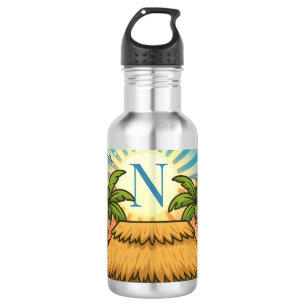 Botella De Agua Cabaña Tiki Amanecer Monograma Personalizado 
