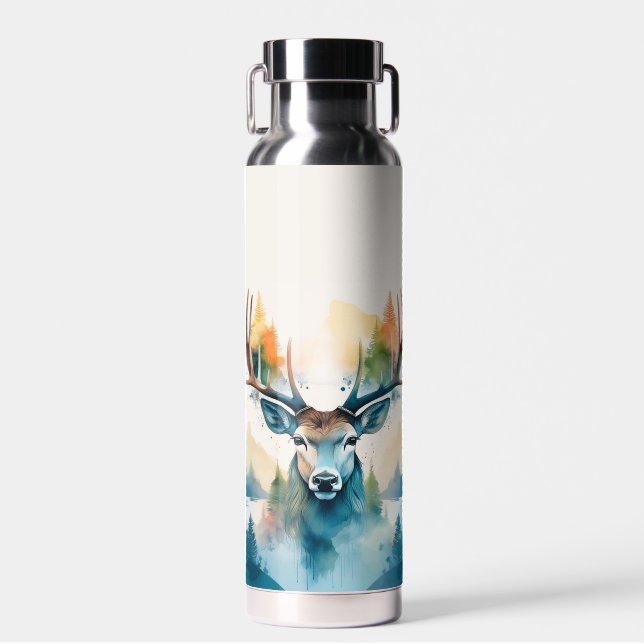 Botella De Agua Cabeza de ciervo con cuerdas y árboles forestales (Delantero)