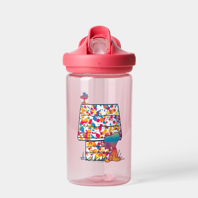 Botella De Agua Cacahuetes | Pintura arcoiris de Snoopy y Woodstoc (Delante)
