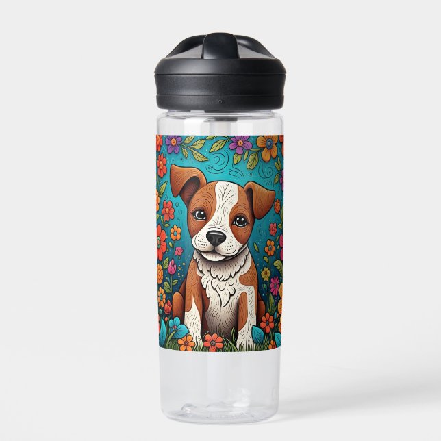 Botella De Agua Cachorro con flores de arte folclórico caprichosas (Delante)