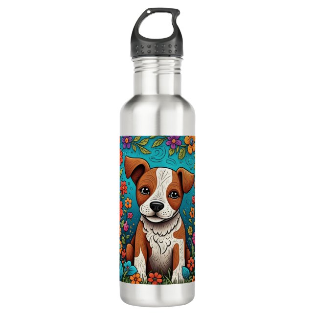 Botella De Agua Cachorro con flores de arte folclórico caprichosas (Anverso)