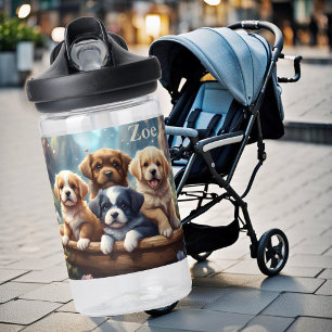 Botella De Agua Cachorros cortos en una cesta, personalizables