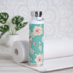 Botella De Agua Cactus acuarela con flores Verde azulado moderno<br><div class="desc">Bonito y acuarela moderna cactus arte en verde azulado.</div>