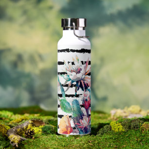 Botella De Agua Cactus Floral Acuarela Bonita Rayas Negras