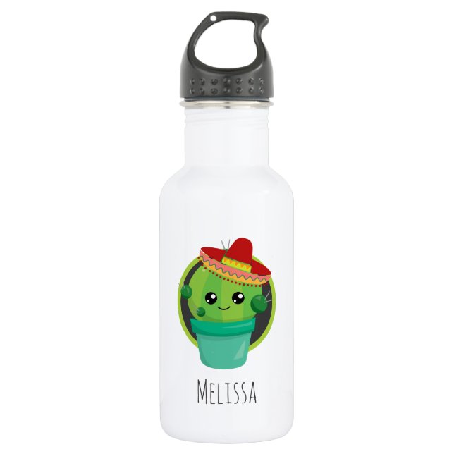 Botella De Agua Cactus redondos en un Sombrero Rojo (Anverso)