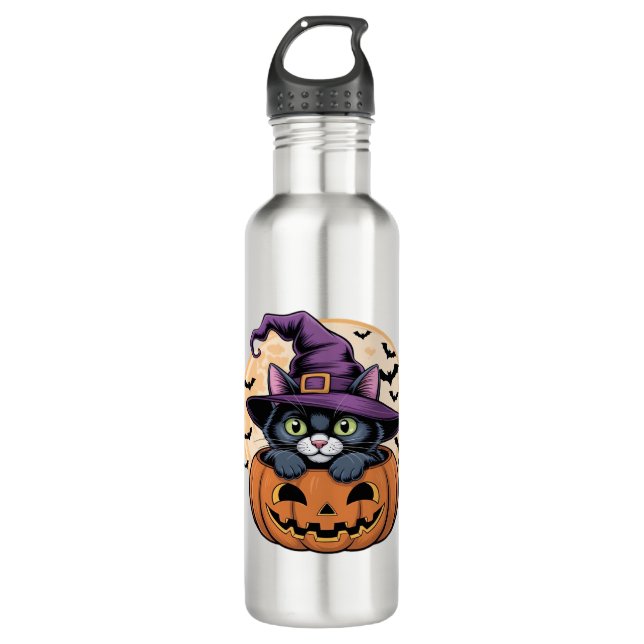 Botella De Agua Calabaza de Halloween Gato negro camiseta sobredim (Anverso)