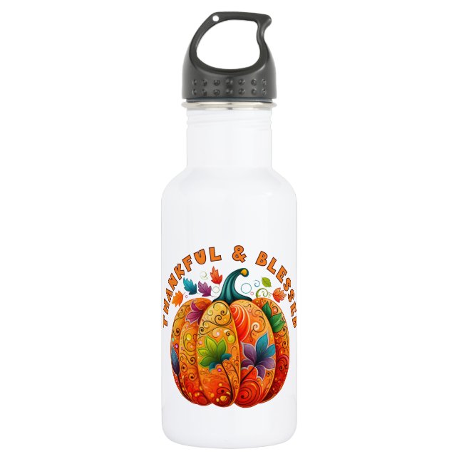 Botella De Agua Calabaza de otoño bendita y agradecida (Anverso)