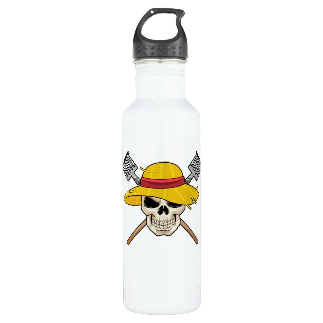 Botella De Agua Calavera con Gorra como granjero con torta (Anverso)