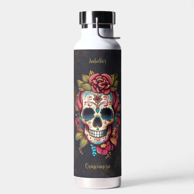 Botella De Agua Calavera de azúcar floral Quinceanera Cumpleaños (Izquierdo)