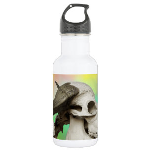 Botella De Agua Calavera de búfalo en fondo acuarela