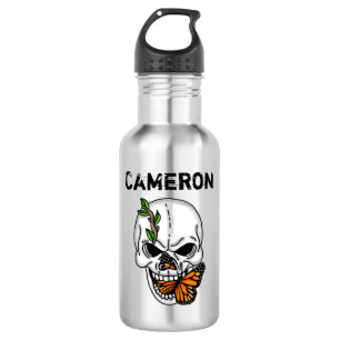 Botella De Agua Calavera personalizada y mariposa monarca