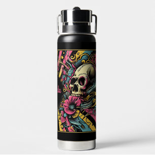 Botella De Agua Calavera y flores retro