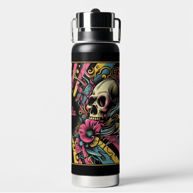 Botella De Agua Calavera y flores retro (Reverso)