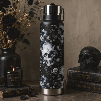 Botella De Agua Calaveras Florales Góticas Botánica Negra