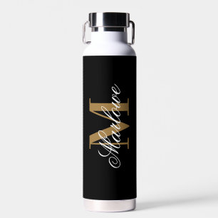 Botella De Agua Caligrafía de monograma de oro negro de moda