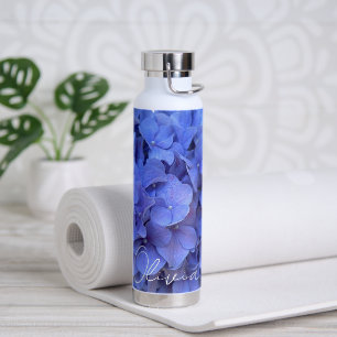 Botella De Agua Calligrafía floral elegante de guijarro azul