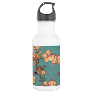 Botella De Agua Camachuelo de Hokusai y Flor de Cerezo Ave Vintage