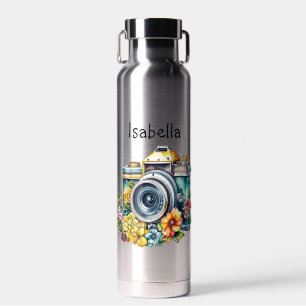 Botella De Agua Cámara antigua con flores bonitas acuarela