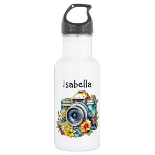 Botella De Agua Cámara antigua con flores bonitas acuarela