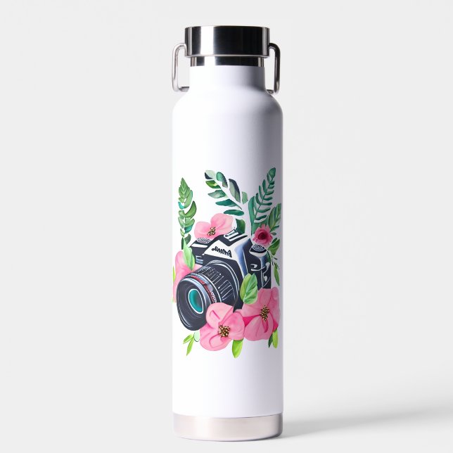 Botella De Agua Cámara Vintage, follaje verde (Delantero)