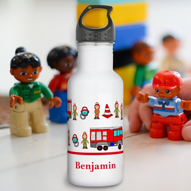 Botella De Agua Camión de bomberos rojo lindo y bomberos (Subido por el creador)
