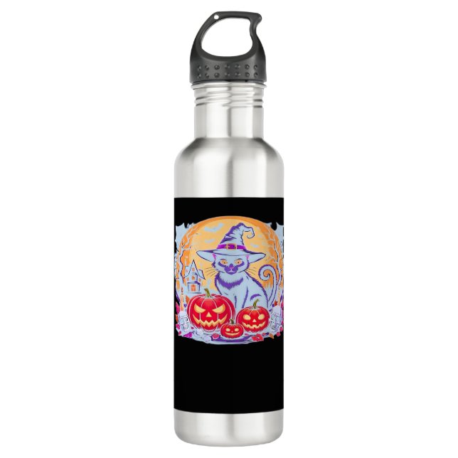 Botella De Agua Camiseta Clásica de Halloween Ghost Pumpkin Cat (Anverso)