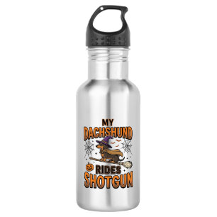 Botella De Agua Camiseta Dachshund Bruja de Halloween con Escoba e