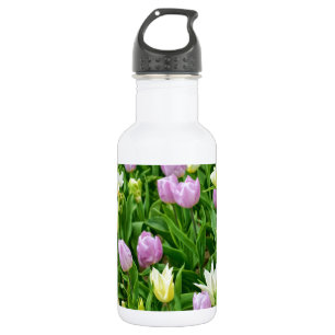 Botella De Agua Campo con tulipanes blancos y rosados