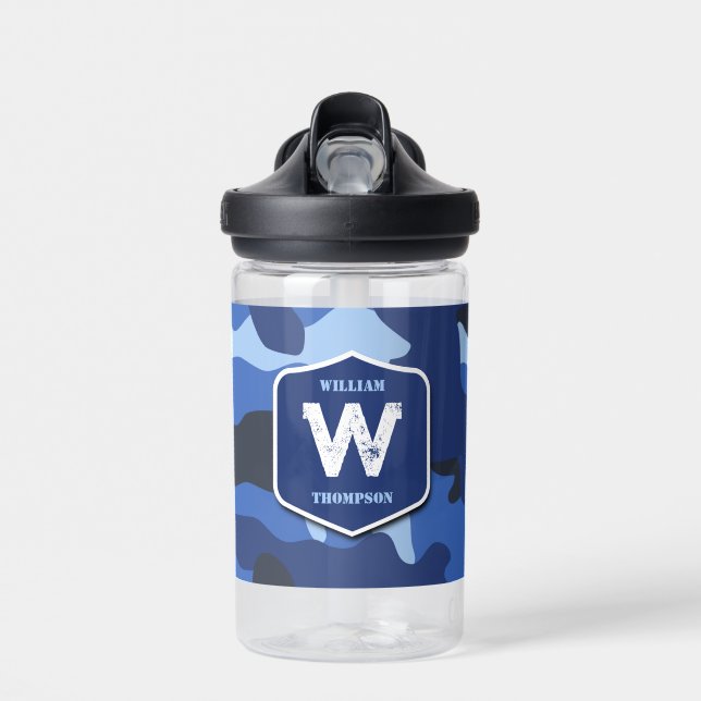 Botella De Agua Camuflaje Blue Camo Army Pattern Monograma School (Delante)