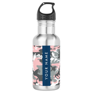 Botella De Agua Camuflaje rosa y gris Personaliza tu nombre