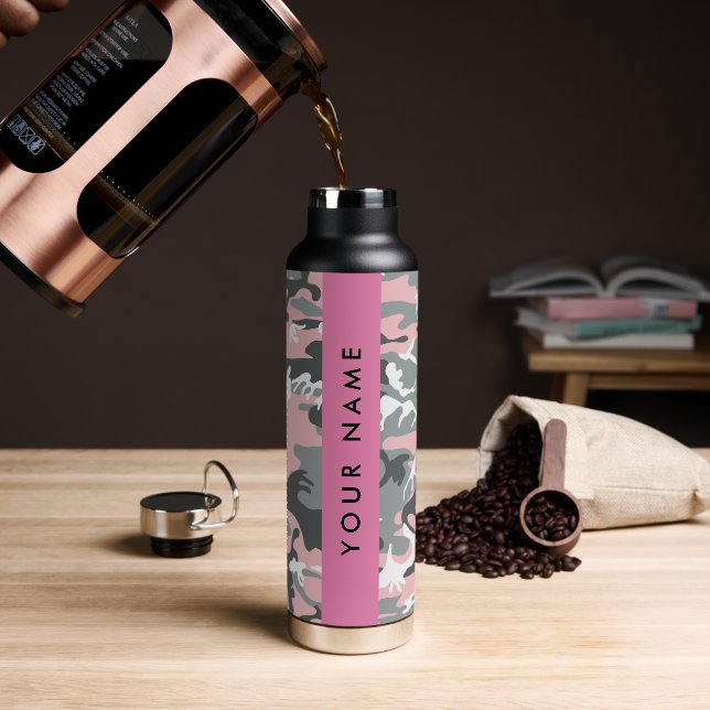 Botella De Agua Camuflaje rosa y gris Tu nombre Personaliza (Café)
