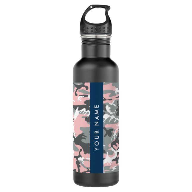 Botella De Agua Camuflaje rosa y gris Tu nombre Personaliza (Anverso)