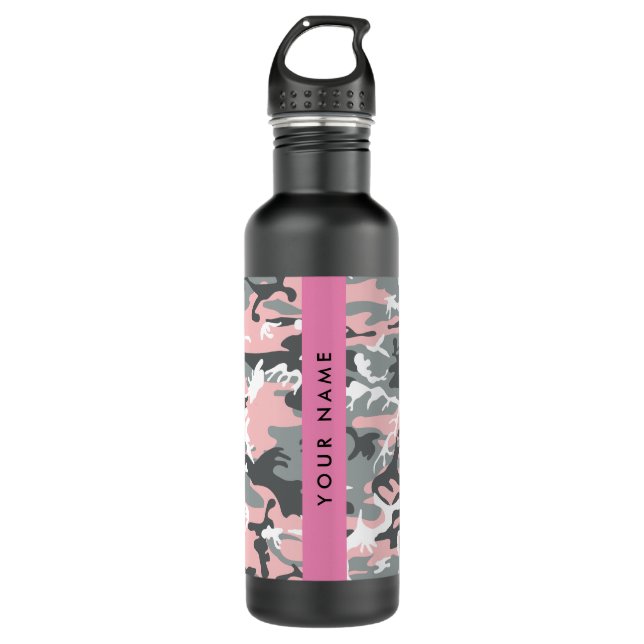 Botella De Agua Camuflaje rosa y gris Tu nombre Personaliza (Anverso)