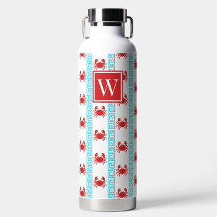 Botella De Agua Cangrejo Elegante - Monograma Llave Griega Rojo y