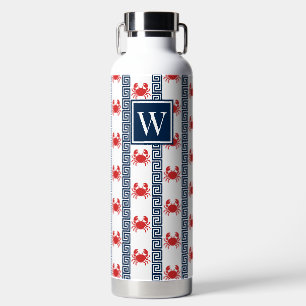 Botella De Agua Cangrejo Elegante - Monograma Rojo y Azul Marino L