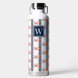 Botella De Agua Cangrejo Preppy - Coral Clave Griega y Monograma A