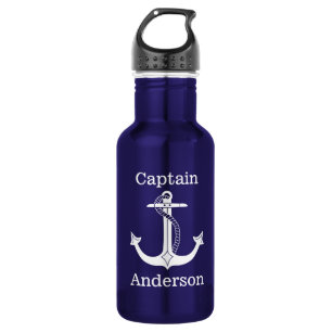 Botella De Agua Capitán náutico White Anchor Add Name