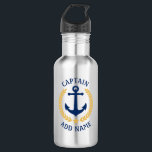 Botella De Agua Capitán Nombre Barco Anchor Estrella del Laurel Es<br><div class="desc">Una botella personalizada de agua de acero inoxidable con su capitán de rango u otro título y su nombre,  apellido u otro texto deseado. Con un ancla náutica diseñado por un personalizado,  hojas de laurel de estilo dorado y emblema de estrellas. Hace un gran regalo para cualquier ocasión.</div>