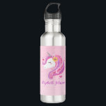 Botella De Agua Cara unicorniana, Purpurina mágico y personalizado<br><div class="desc">Una cara de unicornio mágico rosa,  rosa y chica decora esta botella de agua. Genial para volver a la escuela. Añade tu nombre al frente,  atrás. Diseñado para ti por Blackberry Boulevard.</div>